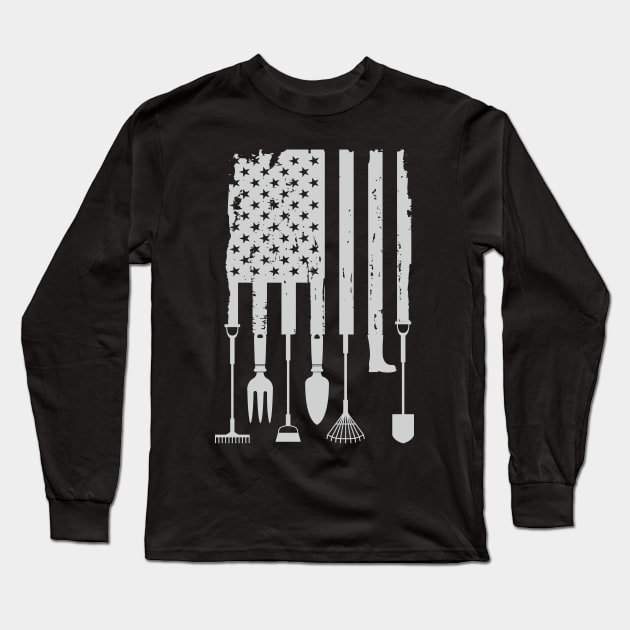 Vintage American Flag Gardener Gardening Tools 4th Of July Long Sleeve T-Shirt by mrsmitful01